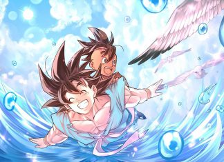 Arte de Dragon Ball Super fantasia futuro para Goku e Uub