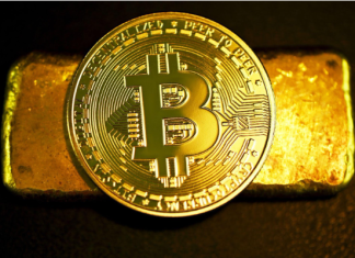 Bitcoin em uma barra de ouro